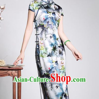 Top Grade Asian Republic of China Plated Buttons Printing Cheongsam, Traditional Chinese Tang Suit Qipao Dress for Women
