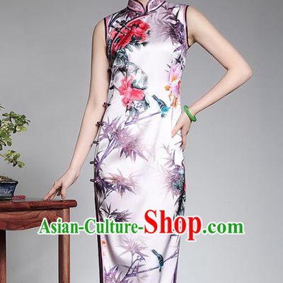 Top Grade Asian Republic of China Plated Buttons Printing Bamboo Cheongsam, Traditional Chinese Tang Suit Qipao Dress for Women