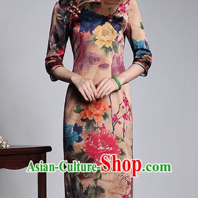 Top Grade Asian Republic of China Plated Buttons Printing Peony Cheongsam, Traditional Chinese Tang Suit Qipao Dress for Women