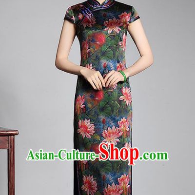 Top Grade Asian Republic of China Plated Buttons Green Silk Printing Lotus Cheongsam, Traditional Chinese Tang Suit Qipao Dress for Women