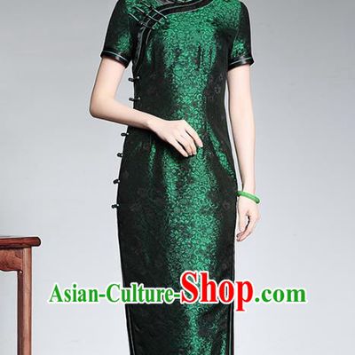 Top Grade Asian Republic of China Plated Buttons Green Silk Cheongsam, Traditional Chinese Tang Suit Qipao Dress for Women