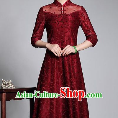Top Grade Asian Republic of China Plated Buttons Red Lace Cheongsam, Traditional Chinese Tang Suit Qipao Dress for Women