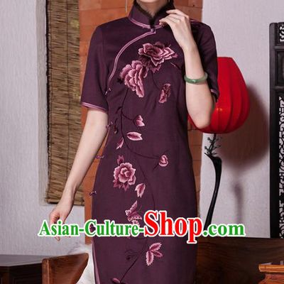 Asian Republic of China Top Grade Plated Buttons Embroidered Cheongsam, Traditional Chinese Tang Suit Qipao Dress for Women
