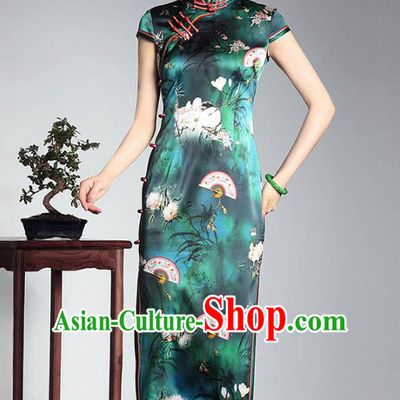 Top Grade Asian Republic of China Plated Buttons Green Silk Cheongsam, Traditional Chinese Tang Suit Printing Qipao Dress for Women