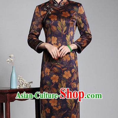 Top Grade Asian Republic of China Plated Buttons Silk Cheongsam Robe, Traditional Chinese Tang Suit Printing Qipao Dress for Women