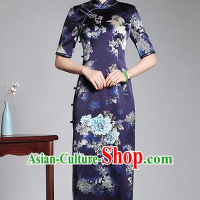 Top Grade Asian Republic of China Plated Buttons Silk Cheongsam, Traditional Chinese Tang Suit Printing Blue Qipao Dress for Women