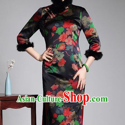 Top Grade Asian Republic of China Plated Buttons Printing Silk Cheongsam, Traditional Chinese Tang Suit Qipao Dress for Women