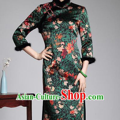 Top Grade Asian Republic of China Plated Buttons Printing Silk Cheongsam, Traditional Chinese Tang Suit Green Qipao Dress for Women