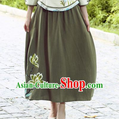 Asian China Hand Painting Linen Bust Skirt, Traditional Chinese Tang Suit Green Skirts for Women
