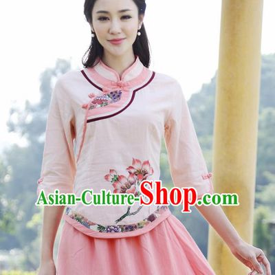 Asian China Hand Painting Pink Linen Cheongsam Blouse, Traditional Chinese Tang Suit Hanfu Shirts for Women