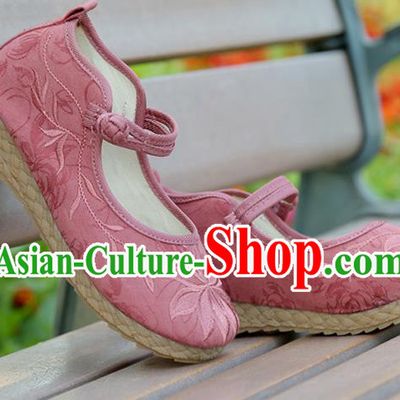 Traditional Chinese National Embroidered Shoes Pink Linen Shoes, China Handmade Hanfu Embroidery Lotus Flowers Shoes for Kids