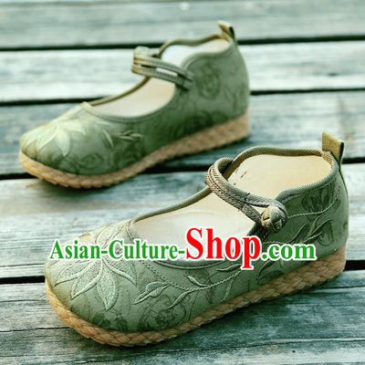 Traditional Chinese National Embroidered Shoes Green Linen Shoes, China Handmade Hanfu Embroidery Lotus Shoes for Kids