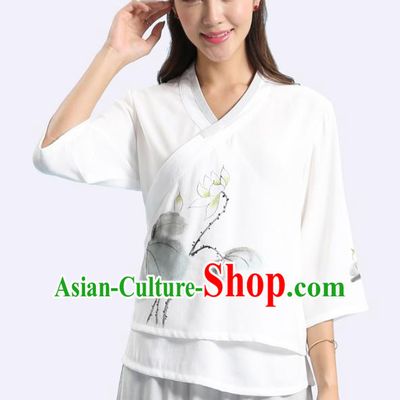 Asian China Hand Painting Printing Lotus Linen Cheongsam Blouse, Traditional Chinese Tang Suit Hanfu Shirts for Women