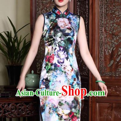 Asian Republic of China Top Grade Plated Buttons Cheongsam, Traditional Chinese Tang Suit Printing Silk Qipao Dress for Women