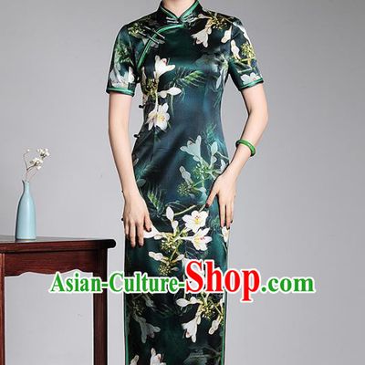 Top Grade Asian Republic of China Plated Buttons Cheongsam, Traditional Chinese Tang Suit Printing Green Silk Long Qipao Dress for Women