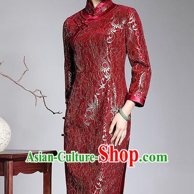 Traditional Ancient Chinese Young Lady Retro Stand Collar Long Cheongsam Red Silk Wedding Dress, Asian Republic of China Qipao Tang Suit Clothing for Women