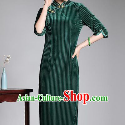 Asian Republic of China Young Lady Retro Stand Collar Green Velvet Cheongsam, Traditional Chinese Qipao Tang Suit Dress for Women