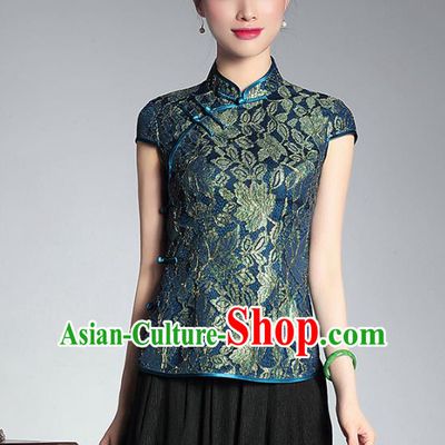 Asian Republic of China Young Lady Retro Stand Collar Green Lace Cheongsam Blouse, Traditional Chinese Qipao Shirts Tang Suit Upper Outer Garment for Women