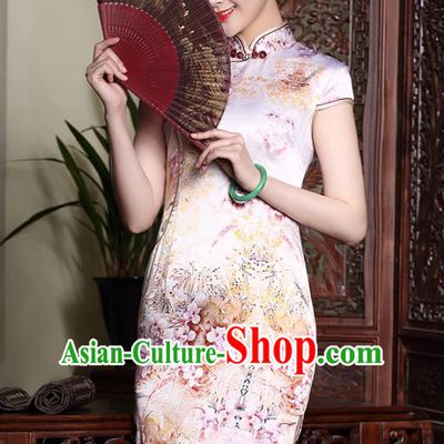 Asian Republic of China Young Lady Retro Stand Collar Silk Cheongsam, Traditional Chinese Printing Qipao Tang Suit Dress for Women