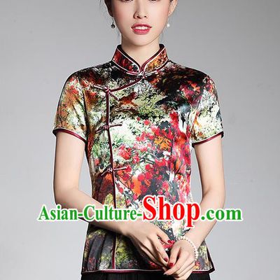 Asian Republic of China Young Lady Retro Stand Collar Printing Silk Cheongsam Blouse, Traditional Chinese Qipao Shirts Tang Suit Upper Outer Garment for Women