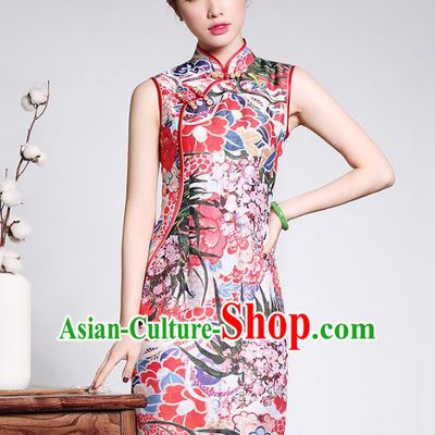 Asian Republic of China Young Lady Retro Plated Buttons Printing Red Cheongsam, Traditional Chinese Silk Qipao Tang Suit Dress for Women