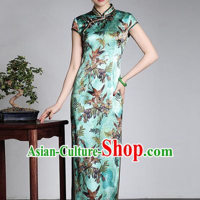 Asian Republic of China Young Lady Retro Plated Buttons Green Silk Cheongsam, Traditional Chinese Printing Qipao Tang Suit Dress for Women