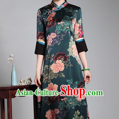 Asian Republic of China Young Lady Retro Plated Buttons Dark Green Silk Cheongsam, Traditional Chinese Printing Qipao Tang Suit Dress for Women