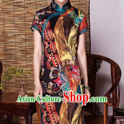 Asian Republic of China Young Lady Retro Plated Buttons Silk Cheongsam, Traditional Chinese Printing Qipao Tang Suit Dress for Women