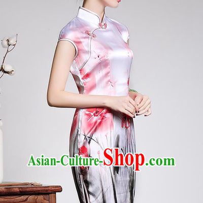 Asian Republic of China Young Lady Retro Plated Buttons Printing Cheongsam, Traditional Chinese Silk Qipao Tang Suit Dress for Women