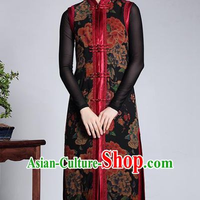 Asian Republic of China Young Lady Retro Plated Buttons Long Vest, Traditional Chinese Tang Suit Watered Gauze Waistcoat for Women