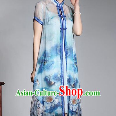 Asian Republic of China Top Grade Plated Buttons Printing Blue Cheongsam Dust Coat, Traditional Chinese Tang Suit Qipao Coats for Women