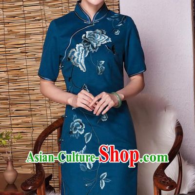 Asian Republic of China Top Grade Plated Buttons Blue Embroidered Cheongsam, Traditional Chinese Tang Suit Qipao Dress for Women