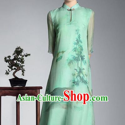Asian Republic of China Top Grade Plated Buttons Light Green Silk Printing Cheongsam, Traditional Chinese Tang Suit Qipao Dress for Women