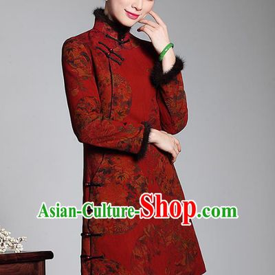 Asian Republic of China Top Grade Plated Buttons Watered Gauze Red Cheongsam Coat, Traditional Chinese Tang Suit Qipao Upper Outer Garment for Women