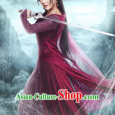 Asian China Tang Dynasty Chivalrous Lady Kawaler Costume, Traditional Chinese Ancient Swordswoman Embroidered Hanfu Clothing and Headpiece Complete Set