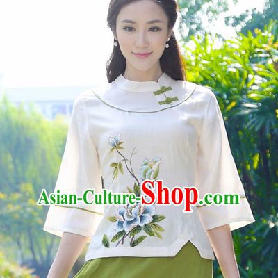 Asian China Top Grade Linen Hand Painting Cheongsam Blouse, Traditional Chinese Tang Suit Hanfu Plated Buttons Shirts for Women