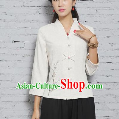 Asian China Top Grade Linen Hand Painting White Cheongsam Blouse, Traditional Chinese Tang Suit Hanfu Plated Buttons Shirts for Women