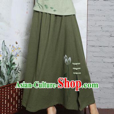 Asian China Hand Painting Linen Bust Skirt, Traditional Chinese Tang Suit Green Skirts for Women