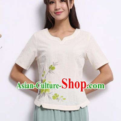 Asian China Hand Painting White Linen Cheongsam Blouse, Traditional Chinese Tang Suit Hanfu Plated Button Shirts for Women