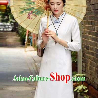 Asian China Hand Painting White Linen Cheongsam Dress, Traditional Chinese Tang Suit Hanfu Plated Button Qipao for Women