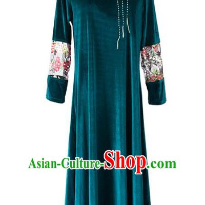 Asian China Top Grade Green Velvet Cheongsam Dress, Traditional Chinese Tang Suit Hanfu Plated Button Embroidered Qipao for Women