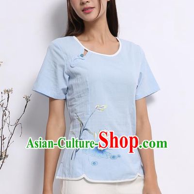 Asian China Top Grade Blue Linen Hand Painting Cheongsam Blouse, Traditional Chinese Tang Suit Hanfu Plated Button Qipao Shirts for Women