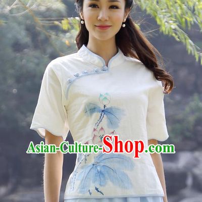 Asian China Top Grade Linen Hand Painting White Cheongsam Blouse, Traditional Chinese Tang Suit Hanfu Plated Button Qipao Shirts for Women