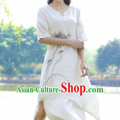 Asian China Top Grade Linen Hand Painting White Cheongsam, Traditional Chinese Tang Suit Hanfu Plated Button Qipao for Women