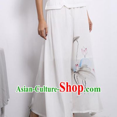 Asian China Hand Painting Lotus White Linen Bust Skirt, Traditional Chinese Tang Suit Hanfu Skirts for Women