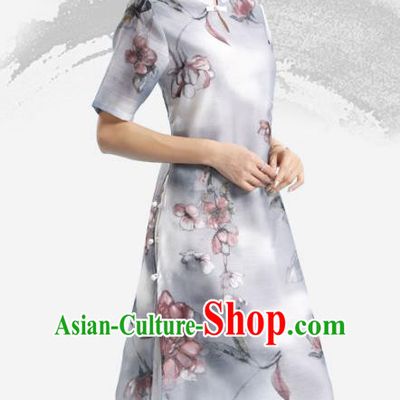 Asian China Top Grade Silk Printing Cheongsam Dress, Traditional Chinese Tang Suit Hanfu Plated Button Qipao for Women