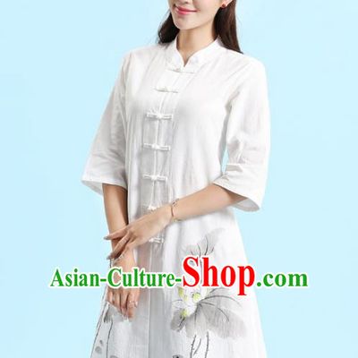 Asian China Top Grade White Linen Cheongsam Blouse, Traditional Chinese Tang Suit Hanfu Plated Button Qipao Shirts for Women