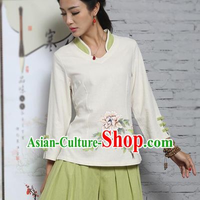 Asian China Top Grade White Linen Cheongsam Hand Painting Blouse, Traditional Chinese Tang Suit Hanfu Plated Button Qipao Shirts for Women
