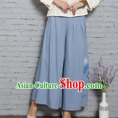 Traditional Chinese National Costume Loose Pants, Elegant Hanfu Blue Linen Wide leg Pants, China Tang Suit Ultra-wide-leg Trousers for Women