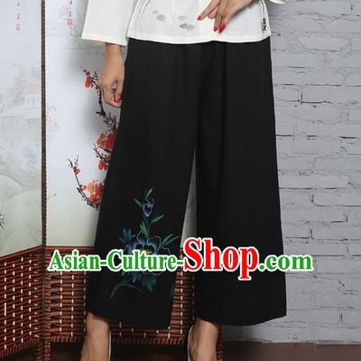 Traditional Chinese National Costume Loose Pants, Elegant Hanfu Black Linen Wide leg Pants, China Tang Suit Ultra-wide-leg Trousers for Women